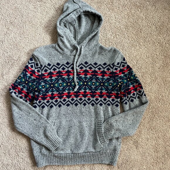 American Eagle Wool Blend Hoodie Sweater Southwest Print Knit Gray Mens XS Aztec - Picture 2 of 7